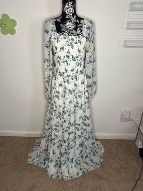 Baltic Born White Maxi Dress with Teal & Tan Floral Print, Lg